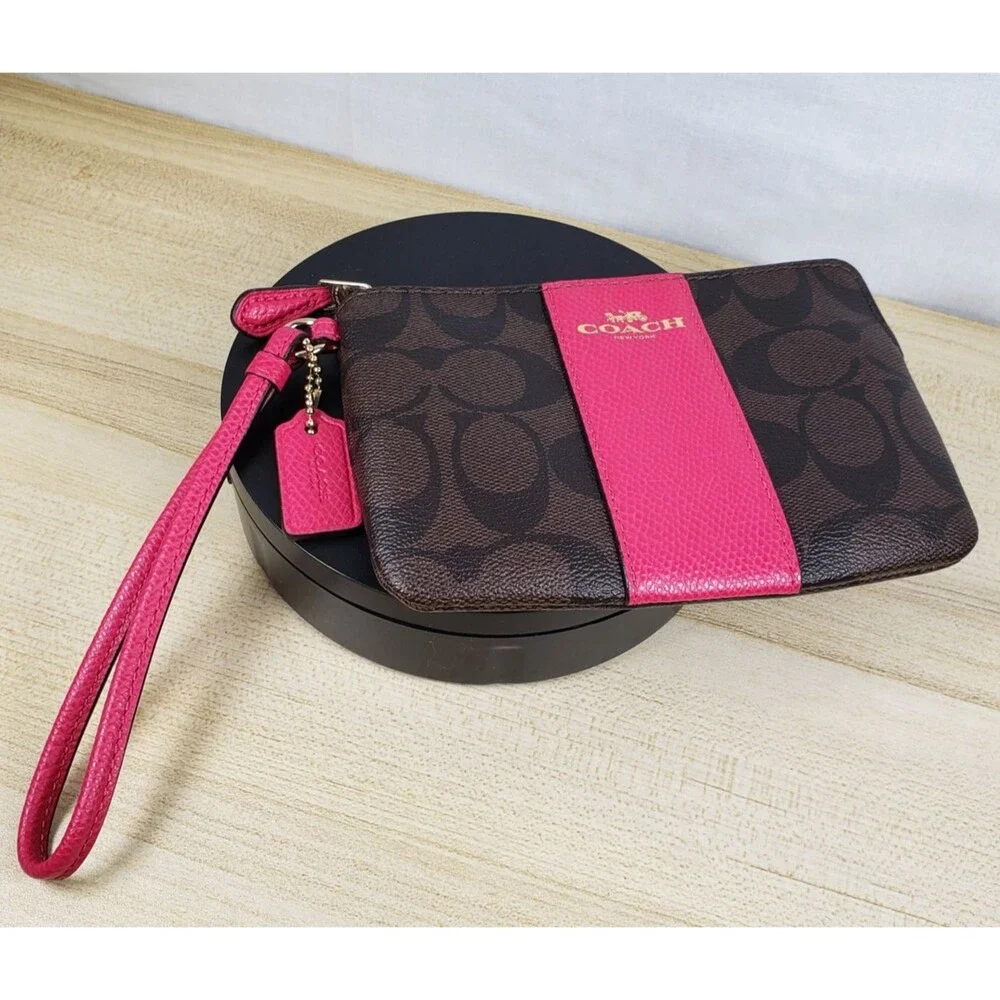 COACH Corner Zip Wristlet In Dark Brown Signature Leather w/ Hot Pink Stripe